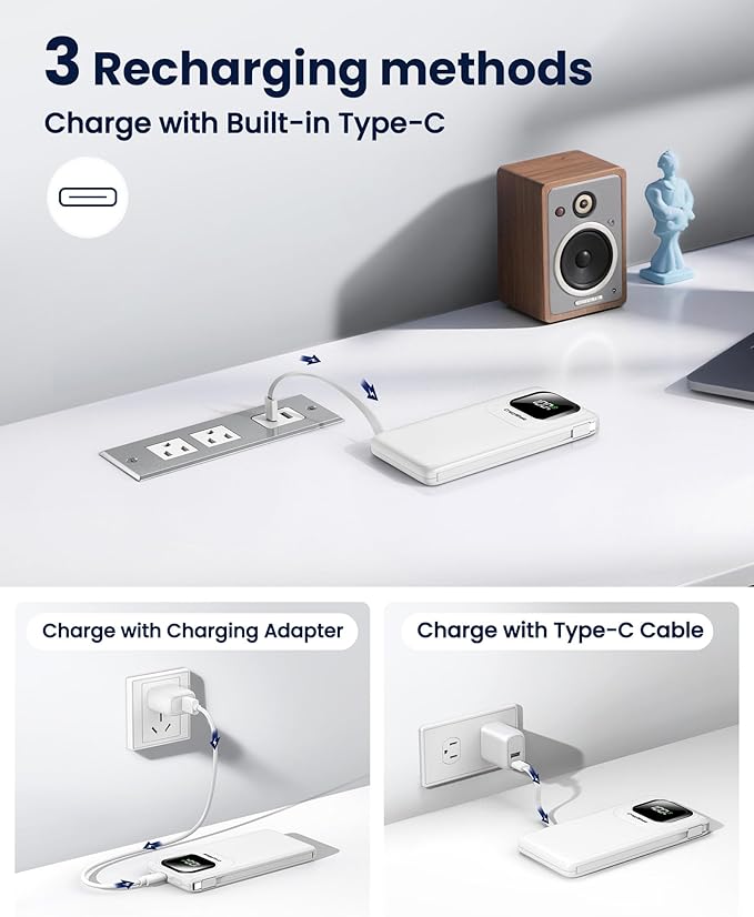 Portable Charger with Built-in Cables,22.5W Super Fast Charging Power Bank Slim Phone Charger,10000mAh Travel Battery Pack Battery Bank with Smart LED Display for iPhone, Android & USB-C