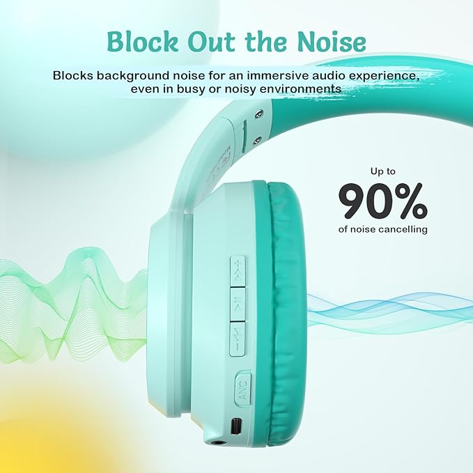 TONOSHARK Kids Bluetooth Headphones with Active Noise Cancelling, Wireless Over-Ear Headphones for Boys Girls, Foldable, Adjustable,40H Playtime, Mic for School Travel (Mint Green)