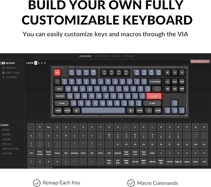 Keychron V3 Wired Custom Mechanical Keyboard, TKL Tenkeyless QMK/VIA Programmable Macro with Hot-swappable Keychron K Pro Red Switch Compatible with Mac Windows Linux (Frosted Black-Translucent)