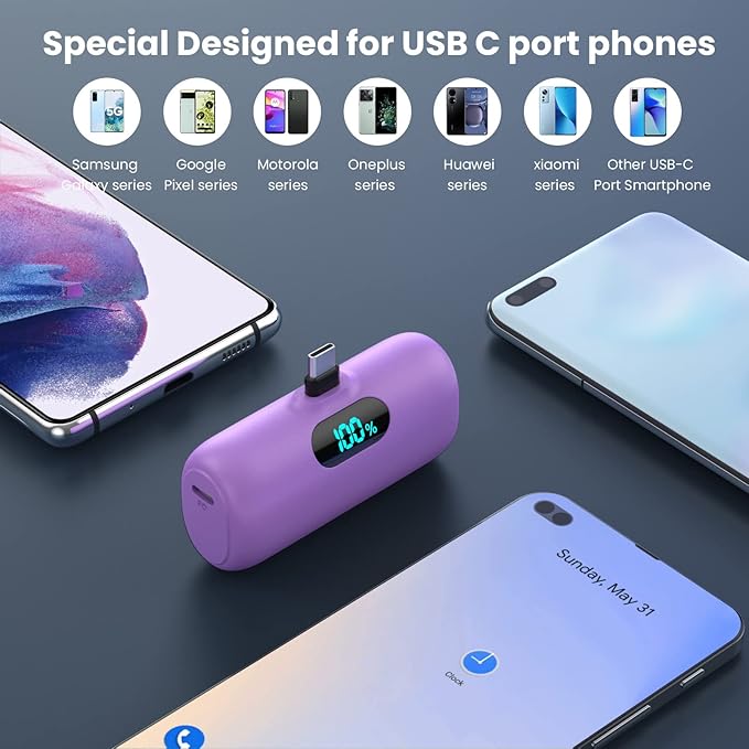 [2-Pack] Mini Portable Charger 5000mAh Power Bank,3A PD USB C Cell Phone Portable Power, LCD Display Battery Pack Compatible with iPhone 17/17 Air/16/16 pro/15/15 pro Max/Android/Samsung/Moto/LG etc