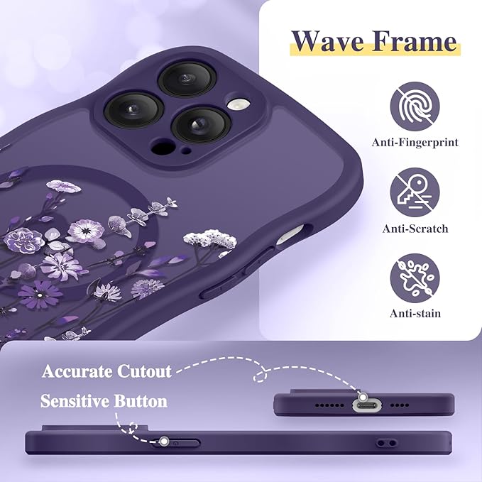 GVIEWIN for iPhone 14 Pro Max Case Compatible with MagSafe [Curly Wave Edge][Full Camera Protection] Floral Translucent Shockproof Magnetic Women Phone Case for 14 Pro Max, Floratopia/Deep Purple