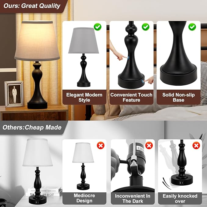 Seealle Touch Lamps for Nightstand - Bedside Lamps Set of 2, 3 Way Dimmable, USB C+A for Bedroom & End Tables (Black&Grey)