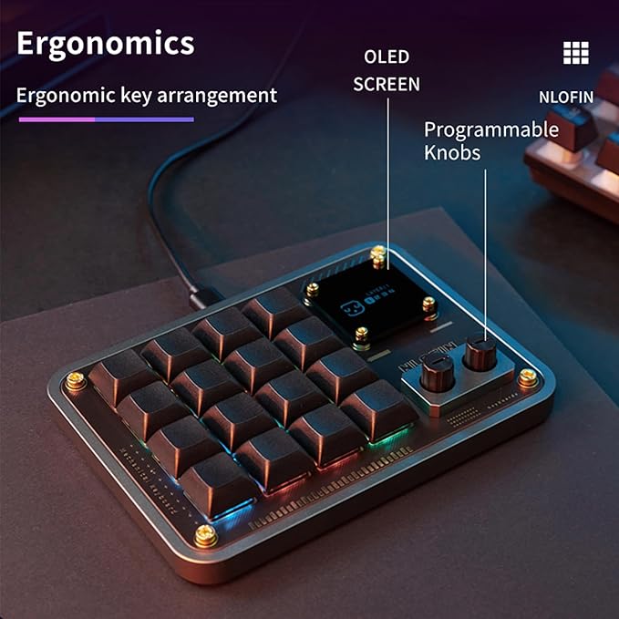 Double Knob Custom Macro Pad Programmable Designer Mini Keyboard 16 Keys with Screen (Grey,KB16)