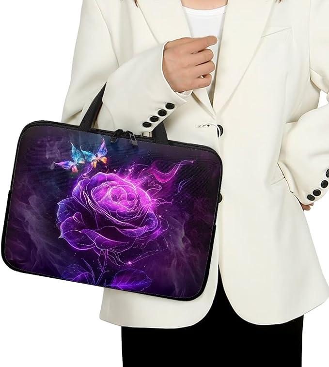 Purple Rose Butterfly Laptop Sleeve 12 Inch, Laptop Tote Bag for Women Girls, Waterproof Computer Tablet Handbag Case with Handle, Carrying Case Laptop Cover for Travel/Business/School
