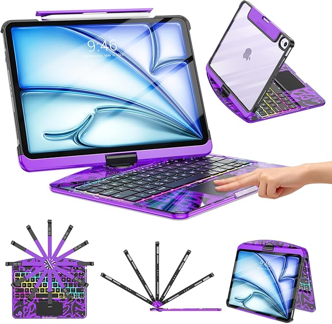 TSQQST Clear Keyboard Case for iPad Air 11 Inch (M4/M3/M2, 2026/2025/2024)/ iPad Air 5th/4th Generation 10.9" / iPad Pro 11" 1st/2nd/3rd/4th, Trackpad, Pencil Holder, 7-Color Backlit, Rotatable-Purple