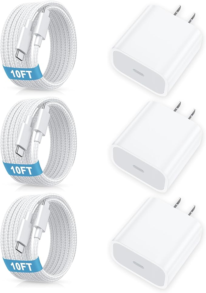 [3 Pack] USB C Charger Block, Fast Charging 20W USB-C Power Adapter Fit for Phone 17/16/15/17 Pro/Pro Max/Plus,i Pad, AirPods，Apple Watch and More，10FT Type C Cords