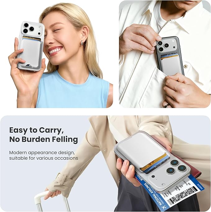 Stronger Magnetic Wallet for iPhone 17/16/15/14/13/12 Series & for MagSafe-compatible Cases, Slim Leather Magnetic Card Holder with RFID Blocking, N52 Magnet Phone Wallet, Fit 3 Cards, White