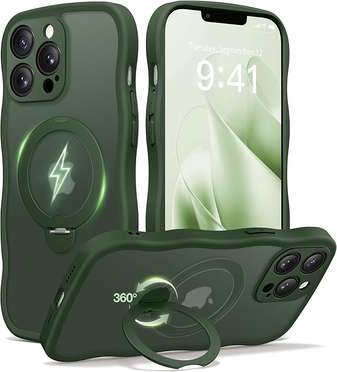 CAPRARO for iPhone 13 Pro Max Case with 360° Spin Magnetic Stand for Women, [Compatible with MagSafe] [Full Camera Protection] Cute Wave Translucent Matte Case for iPhone 13 Pro Max, Dark Green