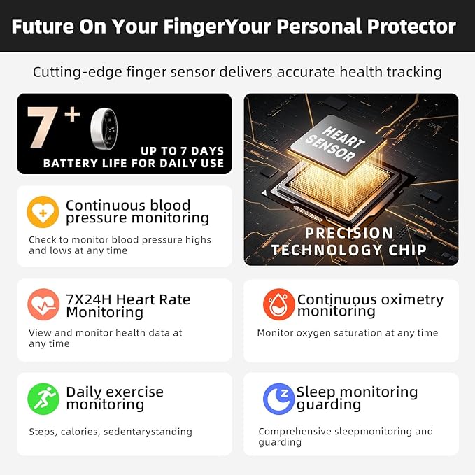 Smart Ring Titanium Fitness Sleep Tracker Health Monitoring Blood Pressure Blood Oxygen for iPhone and Android 7 Days Batterty Life (Silver, 10) Full Charge First Use