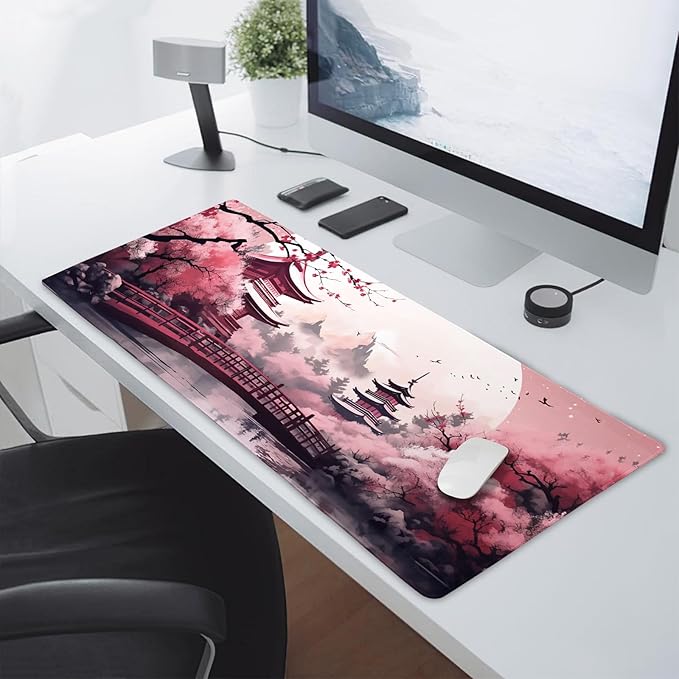 Pink Japanese Cherry Blossom Large Mouse Pad XXL Sakura Forest Tree Sun Tower Mountain Extended Large Desk Mat Big Desk Pad 90X40 CM Non-Slip Rubber Base Stitched Edge Long Mousepad,35.4 x 15.7 Inch