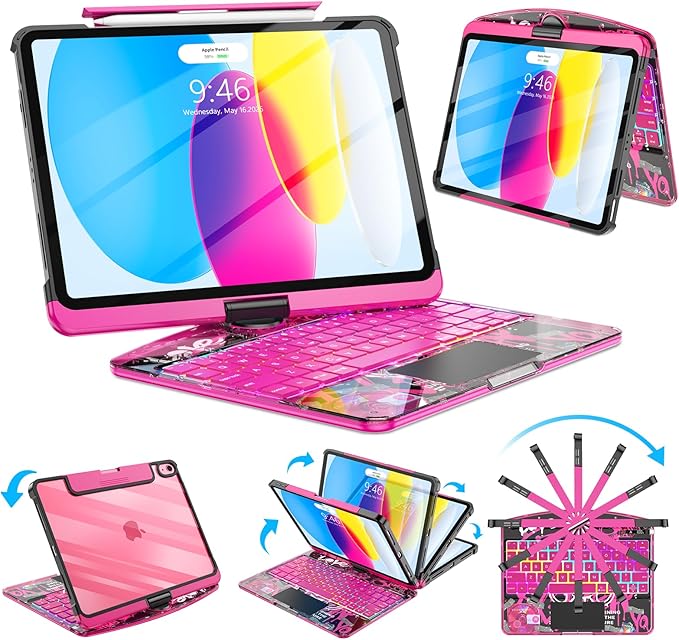 SIBEITU Keyboard Case for iPad A16 11th Gen 11" 2025 & 10th Gen 10.9" 2022, Clear Wireless Keyboard Protective Cover with Multi-Touch Trackpad, 7-Color Backlight & 3-Brightness, 360 Rotatable, Pink