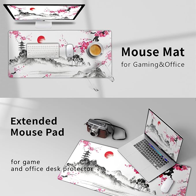 Watercolor Cherry Blossom Mouse Pad 35.4 X 15.7 Inch Japanese Hills Extended Large Pink Mouse Mat Non-Slip Rubber Base Mousepad with Stitched Edges Waterproof Desk Pad for Gaming&Home Office,XL