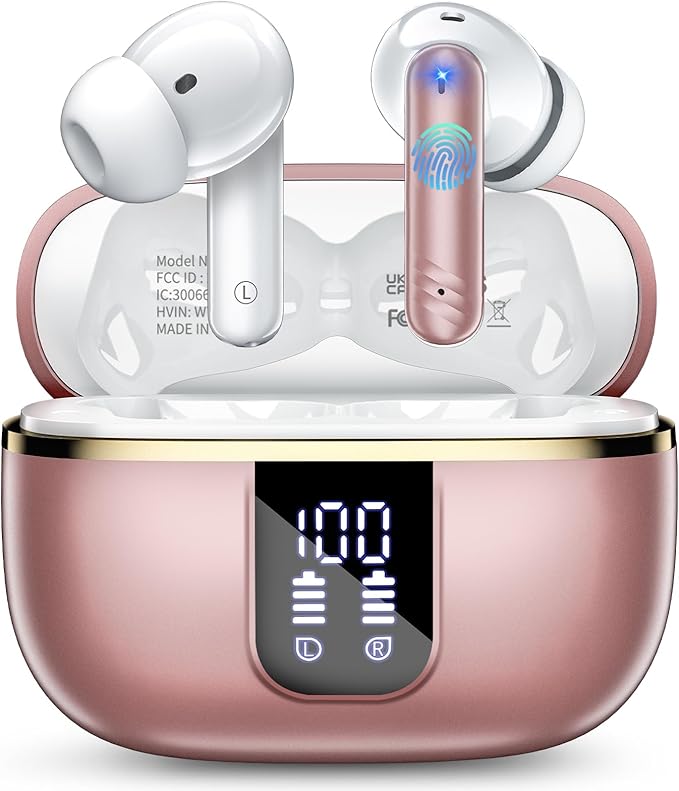 Wireless Earbuds, Bluetooth 5.4 Headphones with 4 Noise Cancelling Mic, 46H In-Ear Buds with 3D Bass Stereo Sound, Small Ears, LED Display, Calls Sports Workout, IPX7 Earphones for Android iOS, Pink