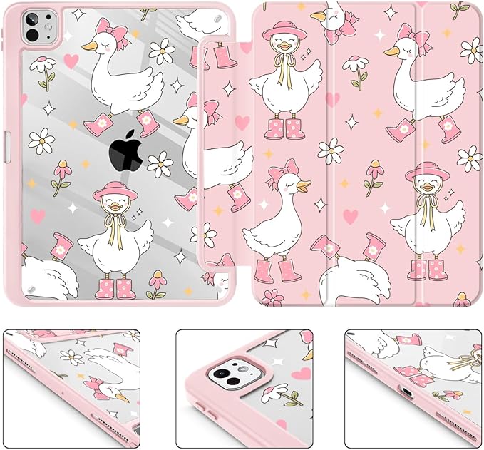 May Chen Case for iPad Pro 11-Inch M5/M4 2025/2024 (6th/5th Generation), [Penceil Holder] Trifold Stand Auto Wake/Sleep Clear TPU Protection Back Cover, Cute Goose Spring