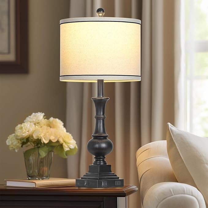 Lolikit Farmhouse Lamps Set of 2, Antique Vintage Rustic Touch Control Table Lamps with USB A+C Ports & AC Outlet, Retro Classic Bedside Nightstand Lamp for Living Room Bedroom Office Black