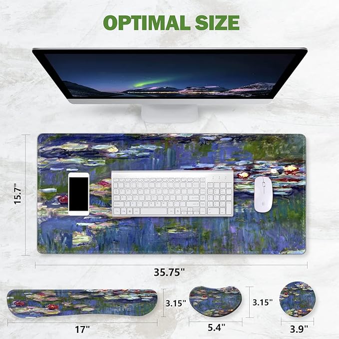 ToLuLu Extended Gaming Mouse Pad, Memory Foam Ergonomic Keyboard Mouse Wrist Rest Support Set, Large Desk Mat with Stitched Edges, Non-Slip Base Mousepad for Home Office Game, Monet Water Lilies