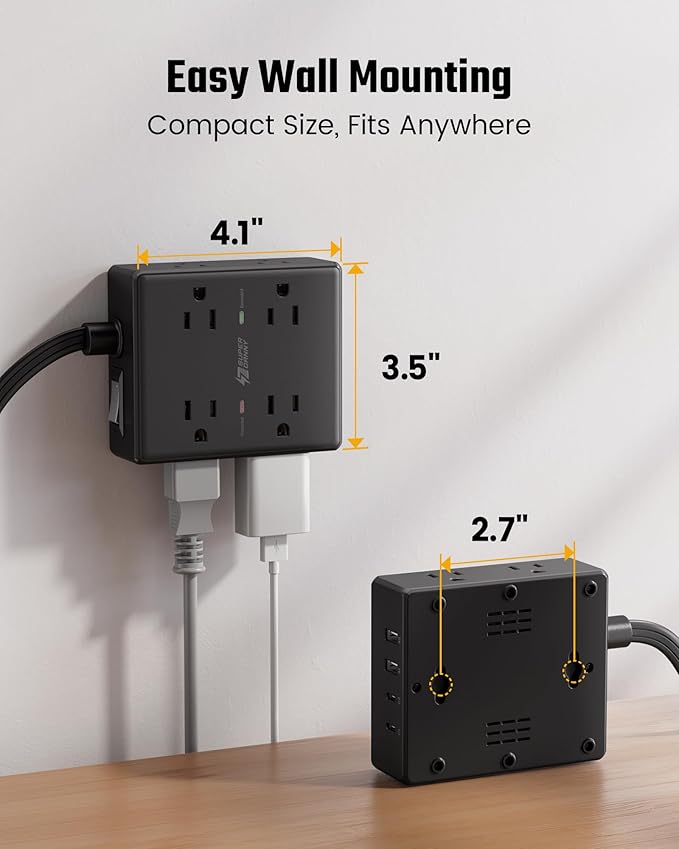 20Ft Long Extension Cord, Flat Plug Power Strip Surge Protector, 8 Outlet 4 USB Ports (2 USB C), Wall Mountable, Desk Charging Station for Home Office, College Dorm Room Essentials (Black)