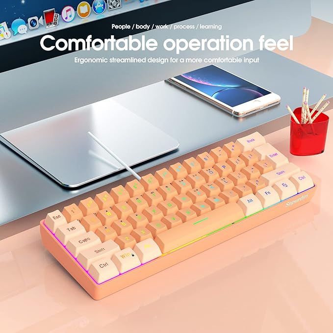 Snpurdiri 60% Wired Gaming Keyboard, RGB Backlit Ultra-Compact Mini Gaming Keyboard for PC/Mac Gamer, Typist, Travel (Cream and Orange)