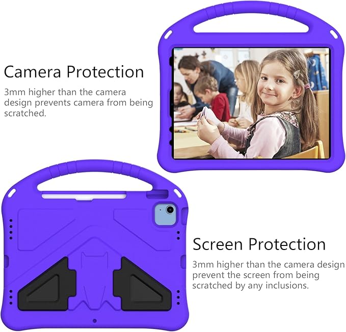 Kids Case for iPad A16 11th/10th Generation 2022/2025 11-Inch iPad Cover with Pencil Holder, Techcircle Lightweight Shockproof EVA Foam Rugged Handle Stand Anti-Slip Grip Protective Case, Purple
