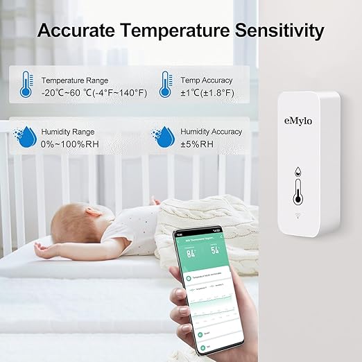 eMylo WiFi Temperature Humidity Sensor, Wireless Indoor Thermometer Hygrometer with App Alert, Free Data Storage Export, Smart Temperature Humidity Monitor for Home Bedroom, Compatible with Alexa (1)