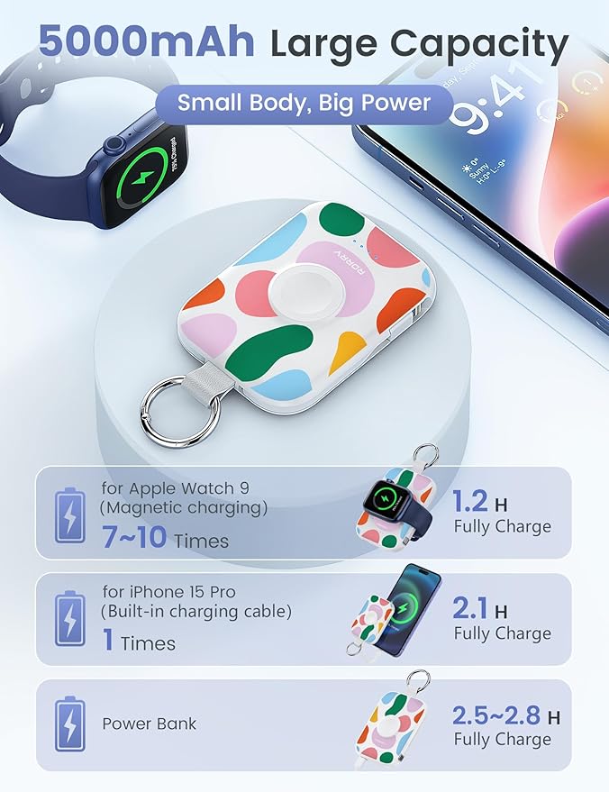 RORRY Portable Charger, 5000mAh Portable Charger Power Bank with Built-in Cables, Travel Keychain Battery Pack for Apple Watch Ultra/11/10/9/8/7/6/SE, iPhone Air/17/16/15/14/13/12, Graffiti