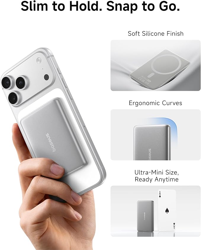Baseus Picogo Power Bank, Smallest 5,000mAh Magnetic Wireless Charger with USB-C Braided Cable, Fast Charging Portable Battery Pack, NTC Safety Alloy Travel Essential for iPhone 7 Pro Max/17 Air/17e