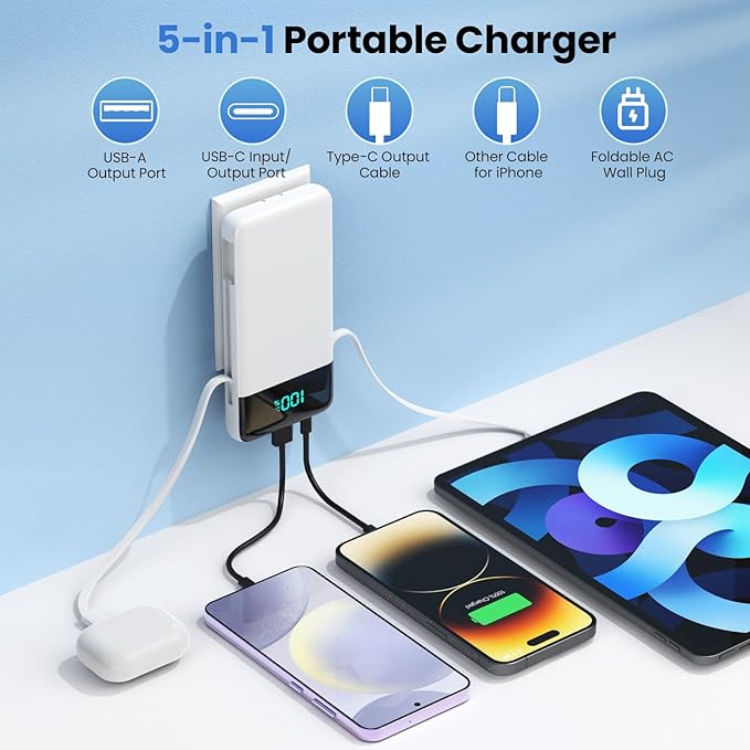 Portable Charger for iPhone,13800mAh Slim Power Bank with Built-in Cables & AC Wall Plug,All in One 4 Outputs USB C Fast Charging Battery Pack Travel Essential for iPhone 17/16/15/14,Android (White)