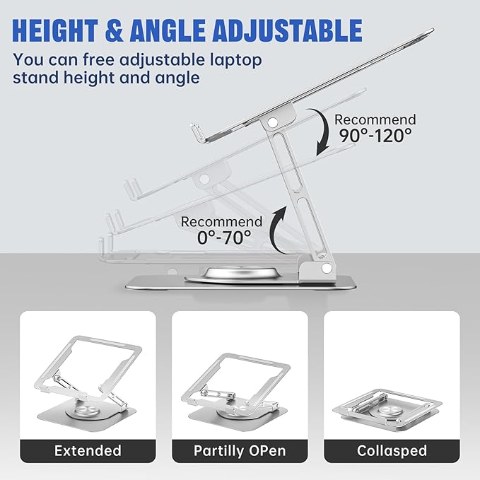 JOYEKY Laptop Stand for Desk, Adjustable Computer Stand with 360° Rotating Base, Ergonomic Laptop Riser for Collaborative Work, Foldable & Portable Laptop Stand, fits for All 10-16" Laptops (Sliver)