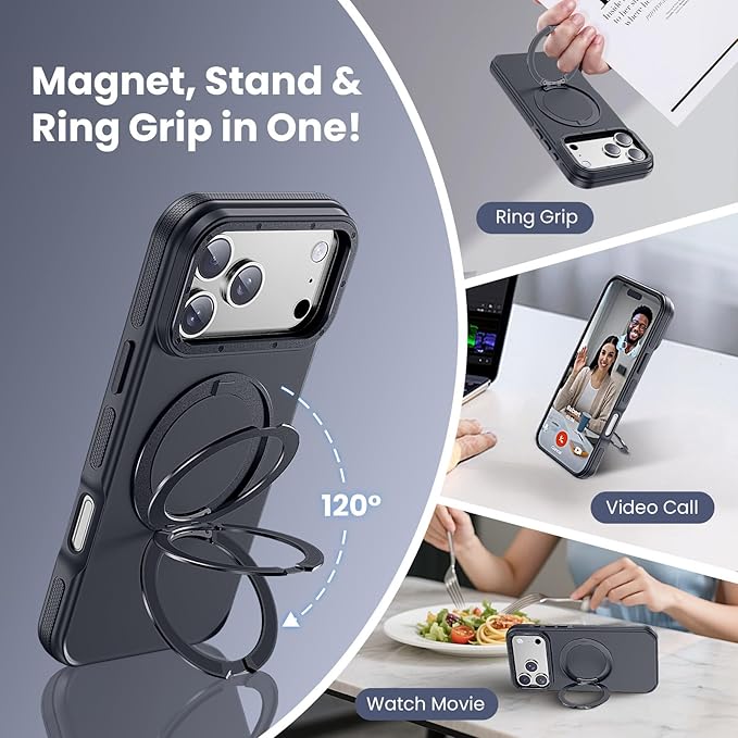Strong Magnetic Case for iPhone 17 Pro (6.3", 2025) with Stand, Drop-Proof Bumper Cover with Contrast Color Border, Military-Grade Drop Protection, Shockproof Slim Thin Cover,Black