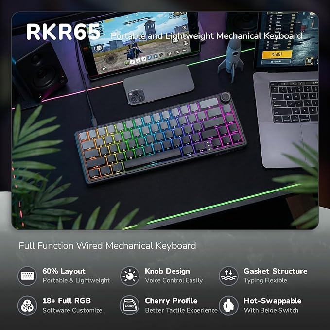 RK ROYAL KLUDGE R65 Wired Gaming Keyboard with Volume Knob, 60% Percent RGB Backlit Mechanical Keyboard, Side Printed PBT Keycaps, QMK/VIA, 66 Keys Hot Swappable Beige Switch, Gradient Black