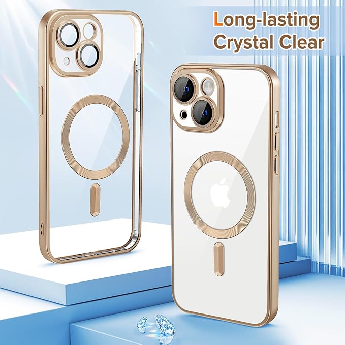 Hython Magnetic Clear for iPhone 14 Plus Case with Camera Lens Protector [Compatible with MagSafe] Luxury Plating Edge Slim Soft TPU Cover Protective Phone Case for iPhone 14 Plus, Matte Desert Brown
