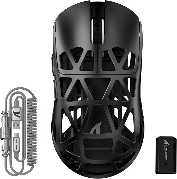 ATTACK SHARK R2PRO 45g Superlight Magnesium Alloy Mouse, PixArt PAW3950 Sensor, 42000DPI, 8000Hz Wireless Polling Rate, 2.4G/BT/Wired Gaming Mouse, Programmable Mice with Coiled Cable, PC/Mac, Black