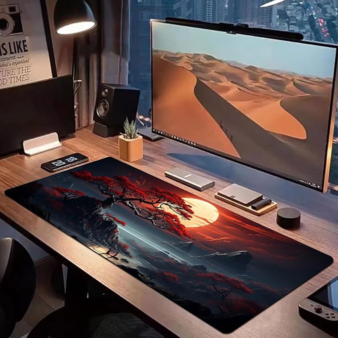 Japanese Dark Canyon Mouse Pad, Large Japanese Desk Mat, XXL Anime Gaming Keyboard Mat, Non-Slip Rubber Base & Stitched Edges, Big Extended Desk Protector for Home Office, 31.5”x15.7”
