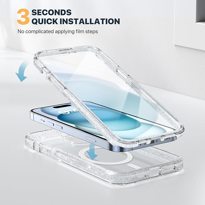 Diaclara Designed for iPhone 15 Plus Case 6.7'', [Compatible with MagSafe] Full Body Rugged Magnetic Case w/Built-in Sensitive Anti-Scratch Screen Protector+Glass Camera Lens Protector,Clear Glitter