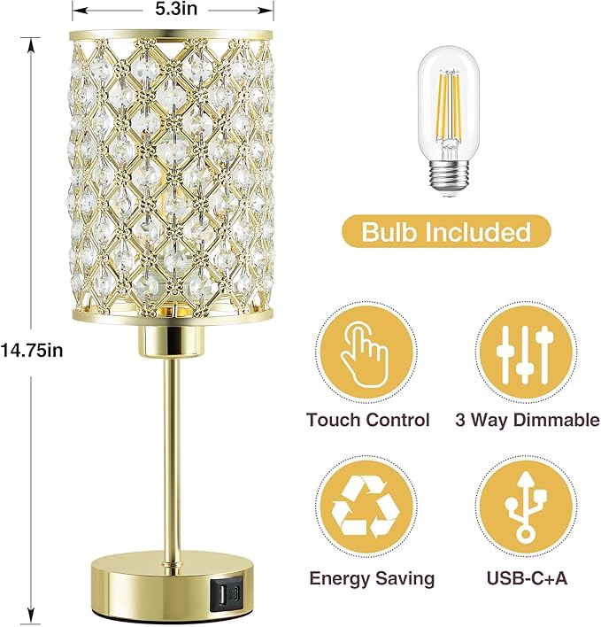 GyroVu Crystal Table Lamp, Gold Touch Lamp for Nightstand with USB C+A Ports, Dimmable Lamp with Crystal Shade, Bedside Lamp Small Lamp for Bedroom, Living Room(Buld Included)