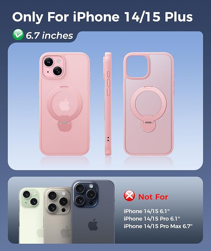 FNTCASE for iPhone 15 Plus Case: iPhone 14 Plus Phone Case [360 Spin Magnetic Stand] [Compatible with Magsafe] [Screen Protector] Translucent Matte Military Grade Shockproof Phone Cover - Pink