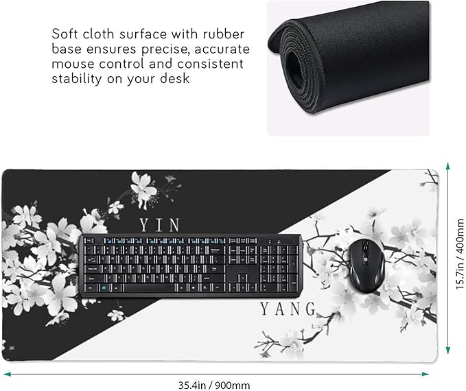 Large Gaming Mouse Pad Japanese Black White Cherry Blossom Mouse Pad with Stitched Edges & Nonslip Rubber Base Extended XXL Long Mousepad Big Desk Mat for Company Office Work, 35.4 x 15.7 in