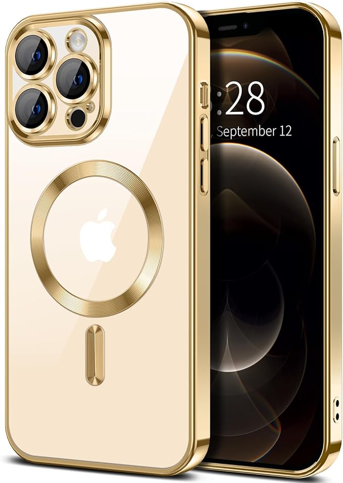 Hython Magnetic Clear for iPhone 12 Pro Max Case with Camera Lens Protector [Compatible with MagSafe] Plating Edge Slim Soft TPU Cover Protective Phone Case for iPhone 12 Pro Max 6.7", Gold