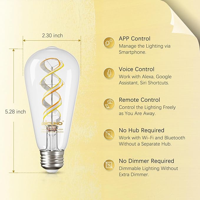 DiCUNO Smart Edison Bulb ST19, Color Changing WiFi Smart Light Bulb, 2700K-6500K Tunable via App, ST58 Edison Bulb, Compatible with Alexa & Google Home, 5W (50 Watt Equivalent), 500lm, 1-Pack