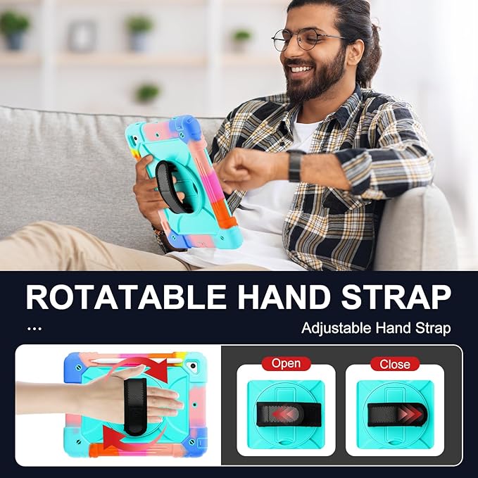 for iPad 6th Generation/iPad 5th Gen/iPad Air 2/iPad Pro 9.7" Case with Cute Key Chain, Rugged Protective Case with Rotating Stand & Shoulder Hand Strap for iPad 6th/5th/ Air 2 (Rainbow Aqua)