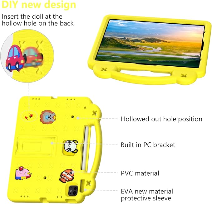 Kids Case for iPad Air 13 inch M3 2025/M2 2024,iPad Pro 13 inch M4 2024 & iPad Pro 12.9 inch Case 6th/5th/4th/3rd Gen 2022 2021 2020 2018 with Stand/Pencil Holder/Handle, Yellow Bear