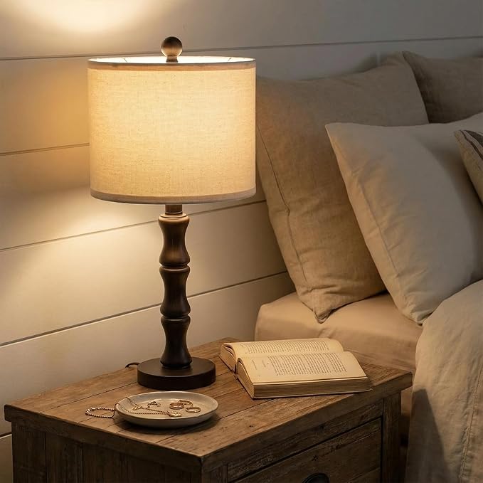 BOBOMOMO 20.5" Classic Table Lamps Set of 2, Farmhouse Nightstand Lamps with Dark Wood Grain Resin Base & Linen Shade, Small Bedside Lamps for Bedroom, Living Room, Home Office & Cozy Apartment Décor