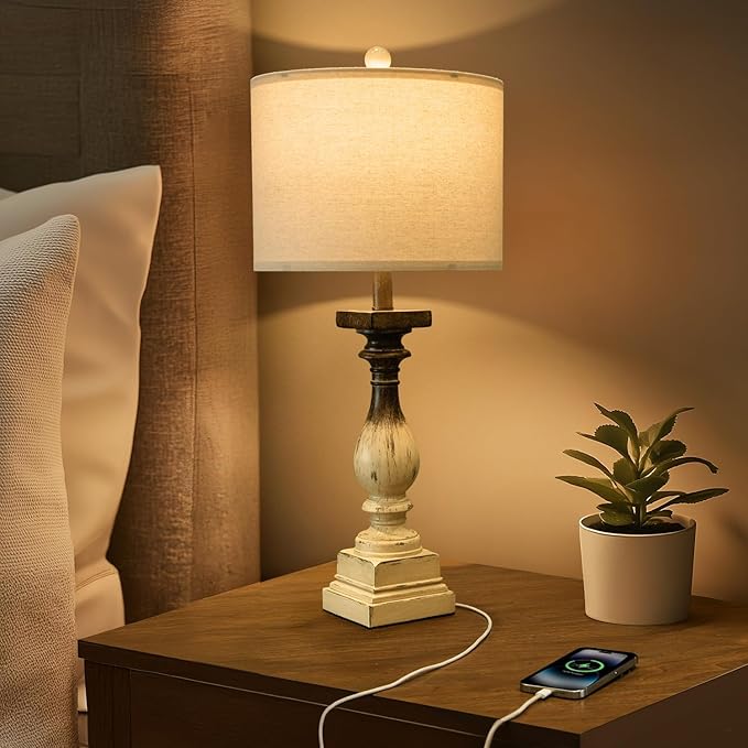 BOBOMOMO 27" Farmhouse Table Lamps with USB-A +C Ports, Vintage Rustic Side Table Lamps Set of 2, Linen Shade, Retro Bedside Night Stand Lamps for Living Room, Bedroom (Blubs not Included)