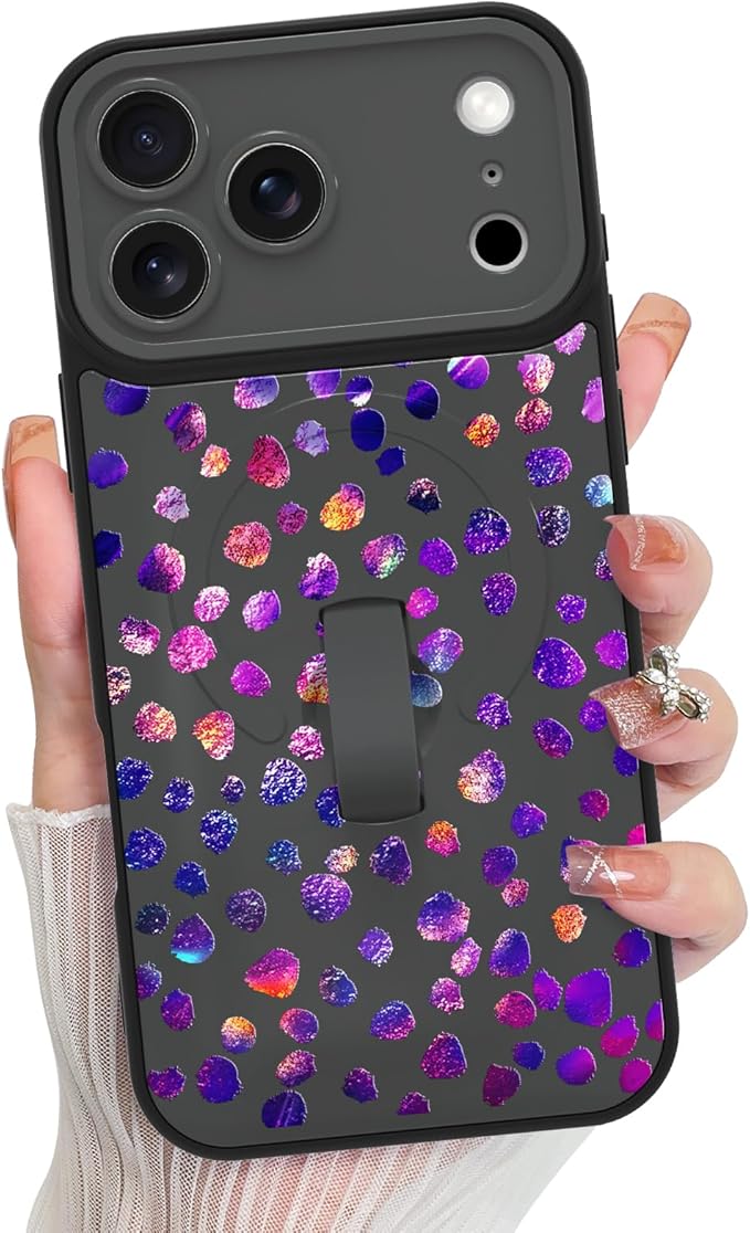 KANGHAR Compatible with iPhone 17 Pro Case, Support for MagSafe, Silicone Cute Iridescent Pattern Leopard Print Cheetah, Wristband Kickstand Shockproof Soft Slim Cover for Girls Women, Black