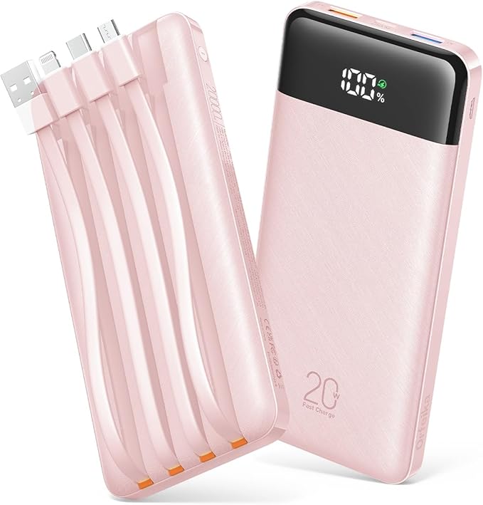 Orfeika 20000mAh Power Bank Fast Charging, Portable Charger with 4 Built-in Cables & 6 Outputs, 20W PD USB C Battery Pack Compatible with iPhone 16/15, Galaxy, Android, iPad & More (Travel Essential)