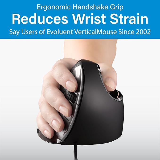 Evoluent – Inventor of The Vertical Mouse – VMDL Ergonomic Vertical Mouse Right Hand Large Wired USB, Sculpted for Comfort, Reduces Wrist Strain, 4 Speeds, 6 Customizable Buttons in Windows