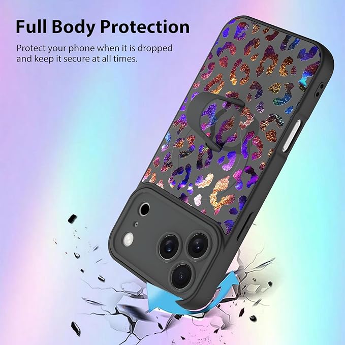KANGHAR Compatible with iPhone 17 Pro Max Case, Support for MagSafe, Silicone Cute Iridescent Leopard Cheetah Pattern, Wristband Kickstand Shockproof Protective Slim Cover for Women Girls, Black