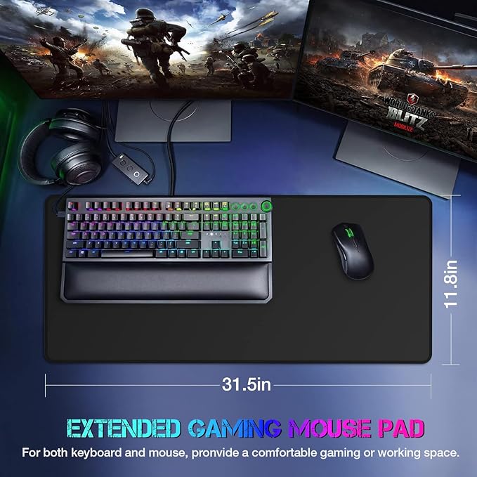 ETZ Large Gaming Mouse Pad,31.5 x 11.8 × 0.12 in with Stitched Edges,Extended Mousepad,Durable Non-Slip Natural Rubber Base,Washable Keyboard Pad,Desk Pad for Gamer,Office & Home,Black.