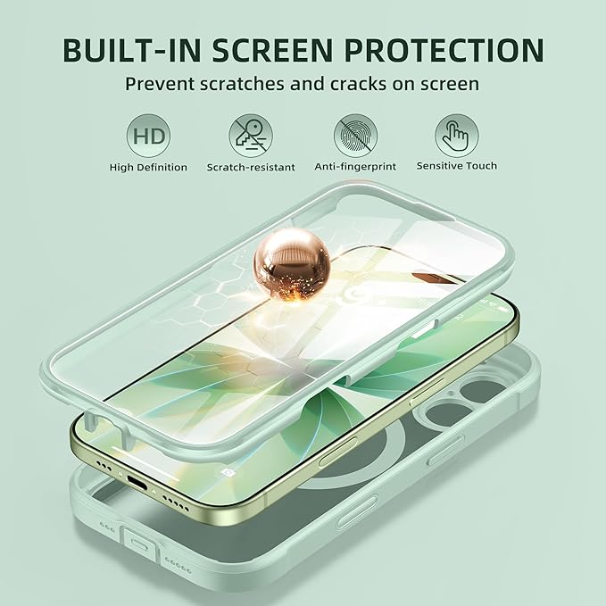 BERFY for iPhone 17 Case, Compatible with MagSafe, Built-in Glass Screen Protector, Camera Protection, Shockproof Full Body Phone case 6.3", Clear Green