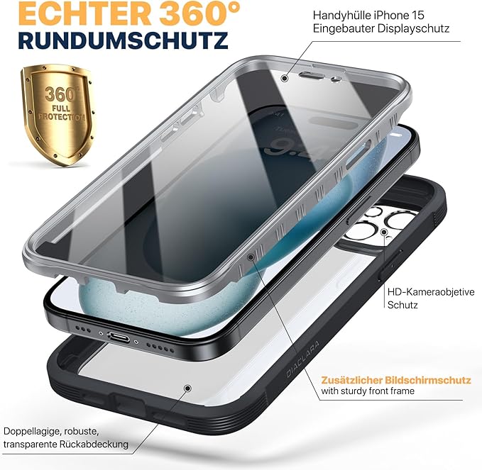 Diaclara Designed for iPhone 15 Case 6.1 Inch,Upgraded Full Body Rugged Clear Bumper Case with Built-in Privacy Screen Protector for iPhone 15,Black